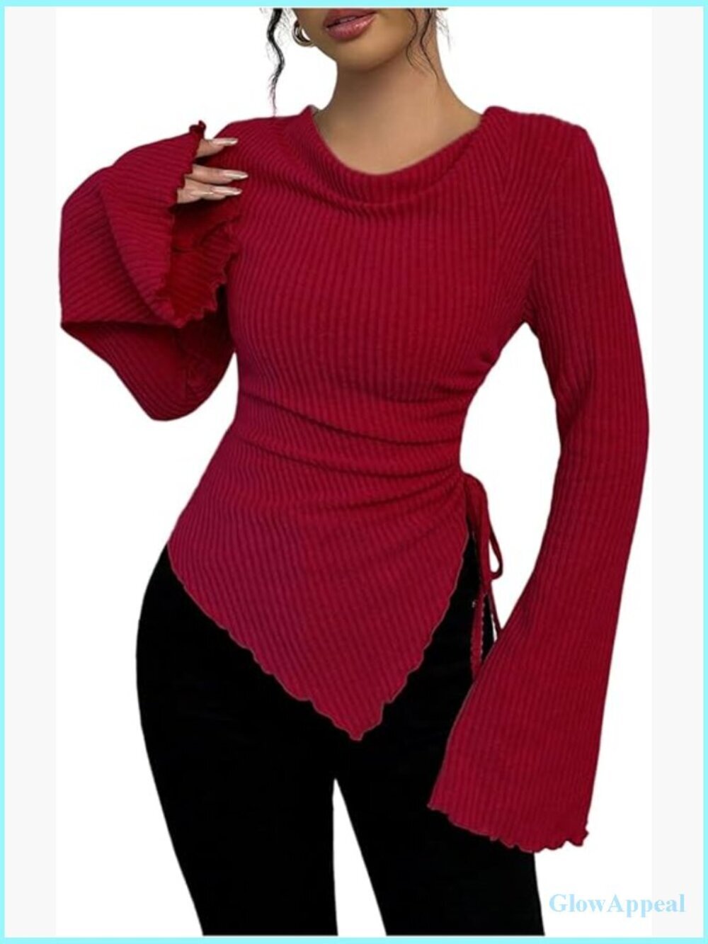Ribbed Knit Bell Sleeve Cowl Neck Fitted Tee Y2K Asymmetrical Top